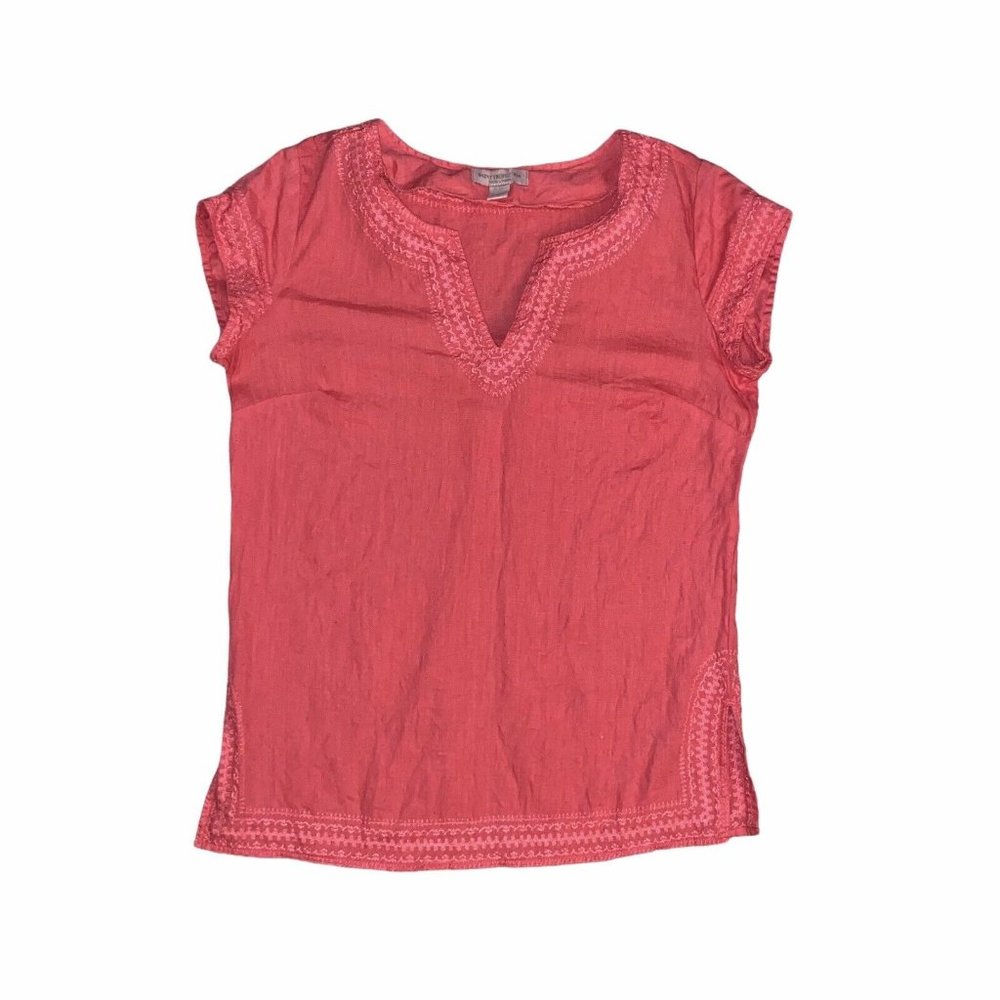 Saint Tropez West Womens Pink Floral Embroidered Linen Blouse Top Size Small